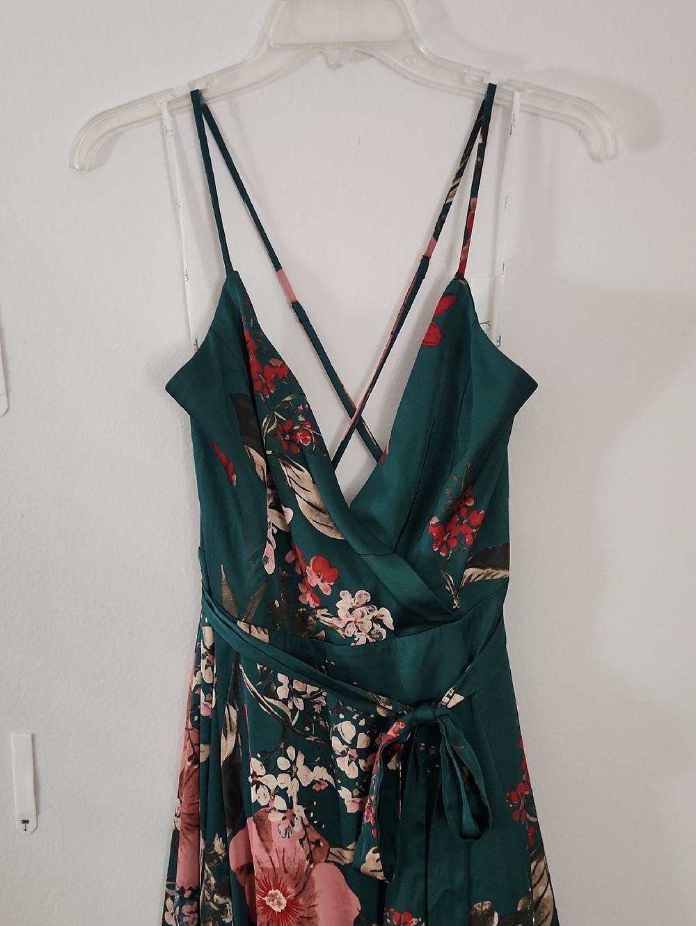 Lulu's Emerald Green Floral Wrap Maxi Dress with Pink & Red Accents - Picture 2 of 12